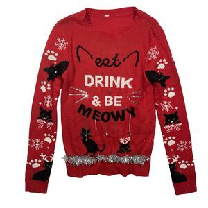 Ugly Christmas Sweater Women Red Cat Drink and Be Meowy Bells Jingle Medium
